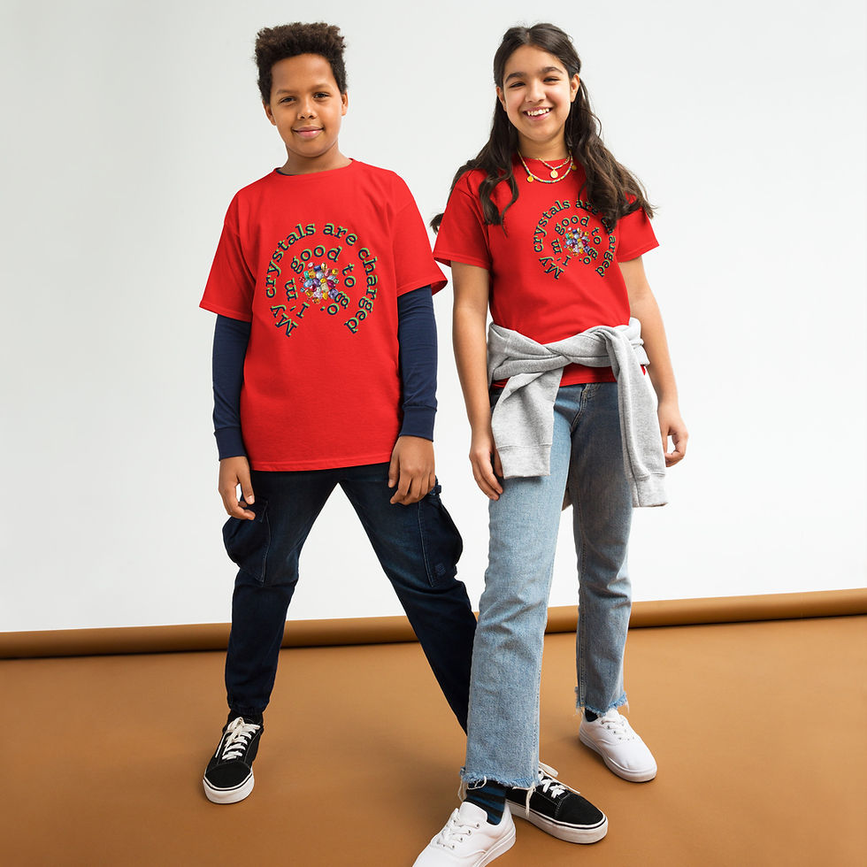 Thumbnail: Two young people wearing red T-shirts with circular designs - text reading "My Crystals are Charged - I'm Good to Go", with graphics of crystals at the centre of the circular-flowing text.
