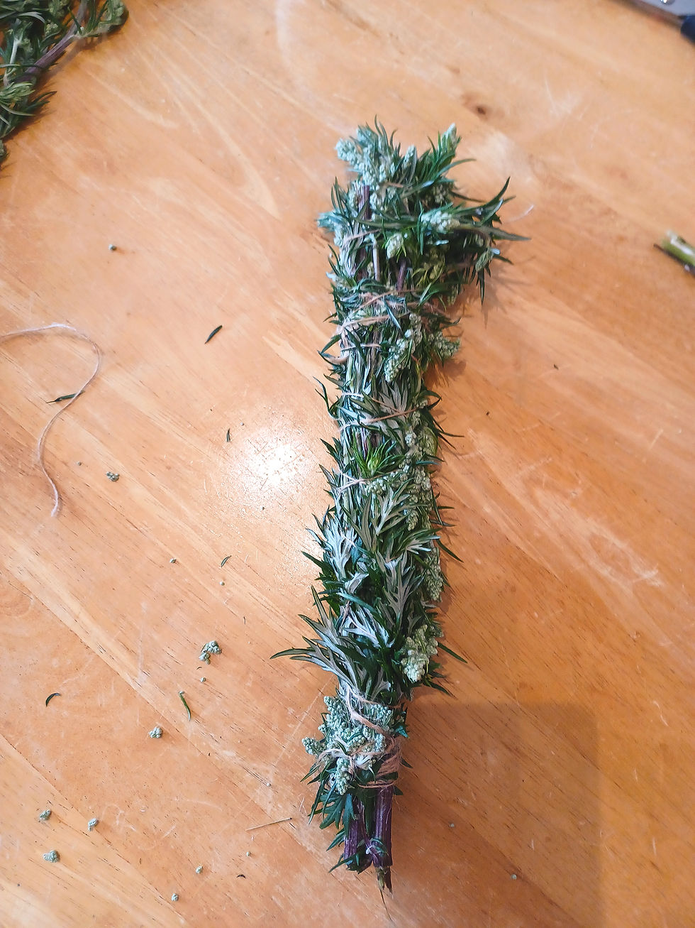 Artemisia Vulgaris (Mugwort) "Smudge" bundle - before drying, on a wooden table with string and pieces of plant around it