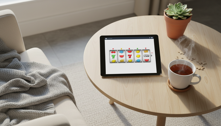 Overhead view of a tablet showing colorful slot reels on a living room table