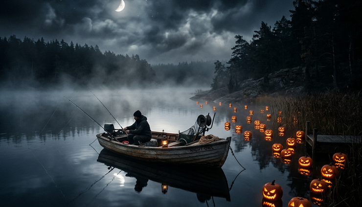 Wide-angle view of a Halloween fishing boat on a dark lake with glowing pumpkins