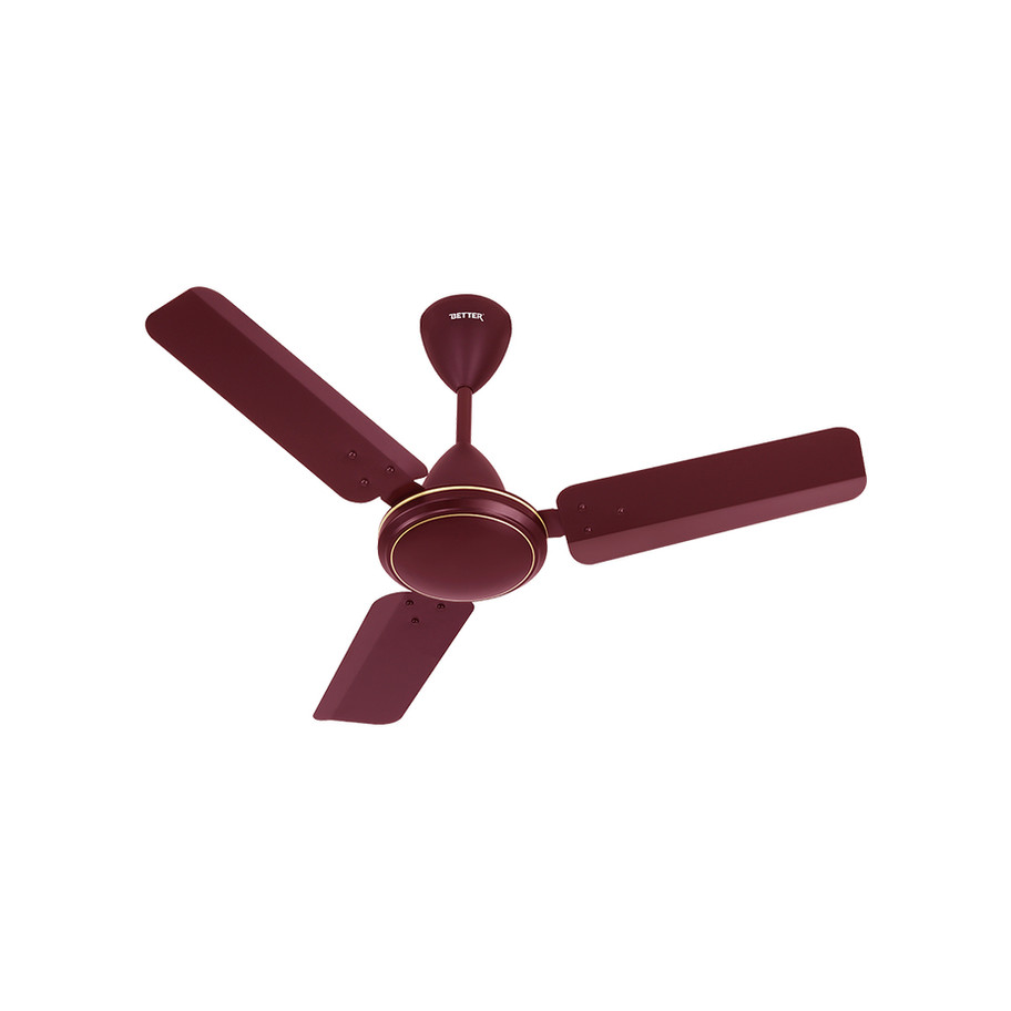 A maroon three-blade ceiling fan with gold accents, viewed from below against a white background.