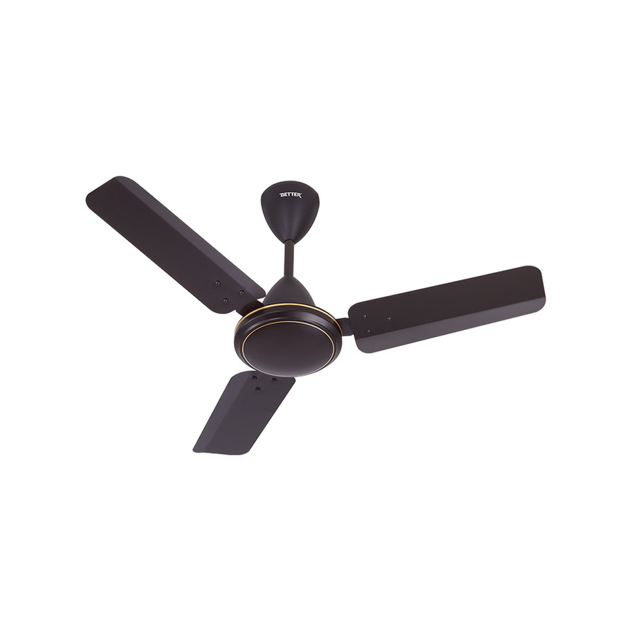 Ceiling fan with three dark brown blades and a sleek, modern design against a white background.