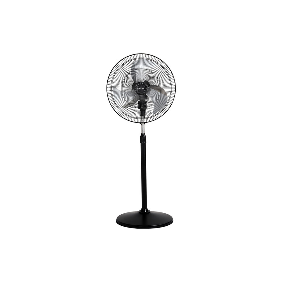 A black Stand fan with a circular metal grill and three blades stands on a white background, highlighting its modern design.