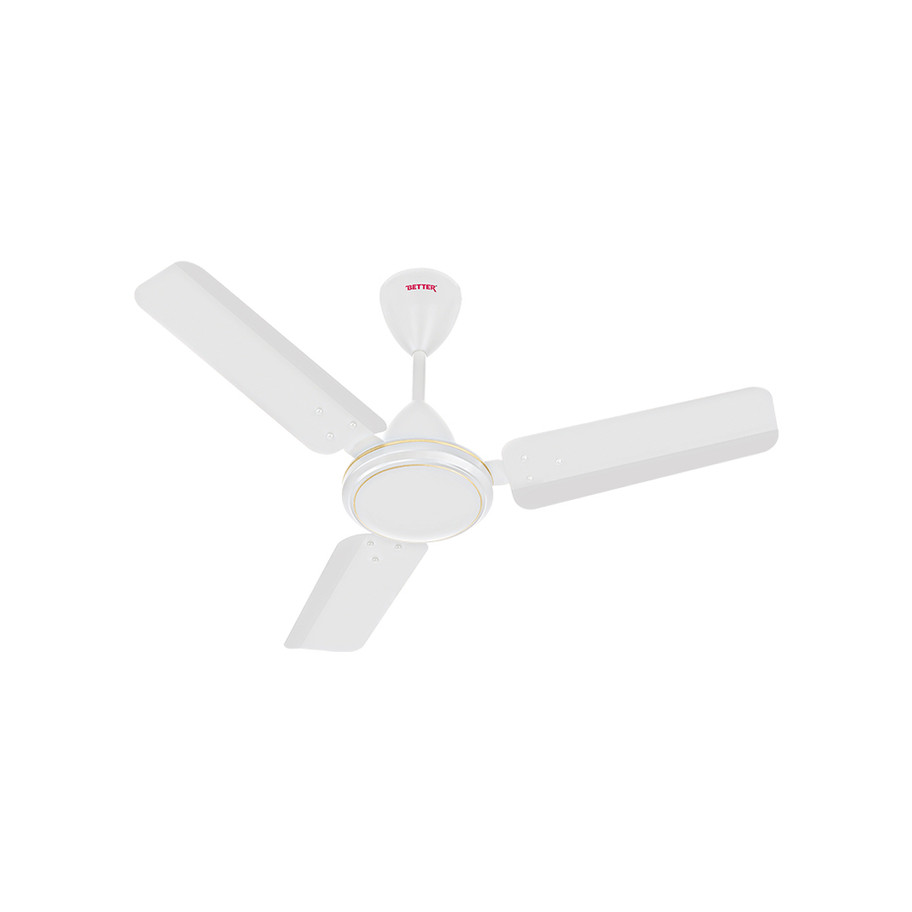 A white three-blade ceiling fan with a round central motor housing and gold accent rings.
