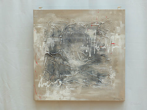 Abstrakte Kunst. Mischtechnik auf Leinwand mit Acryl, Papier, Öl und Kreide. 