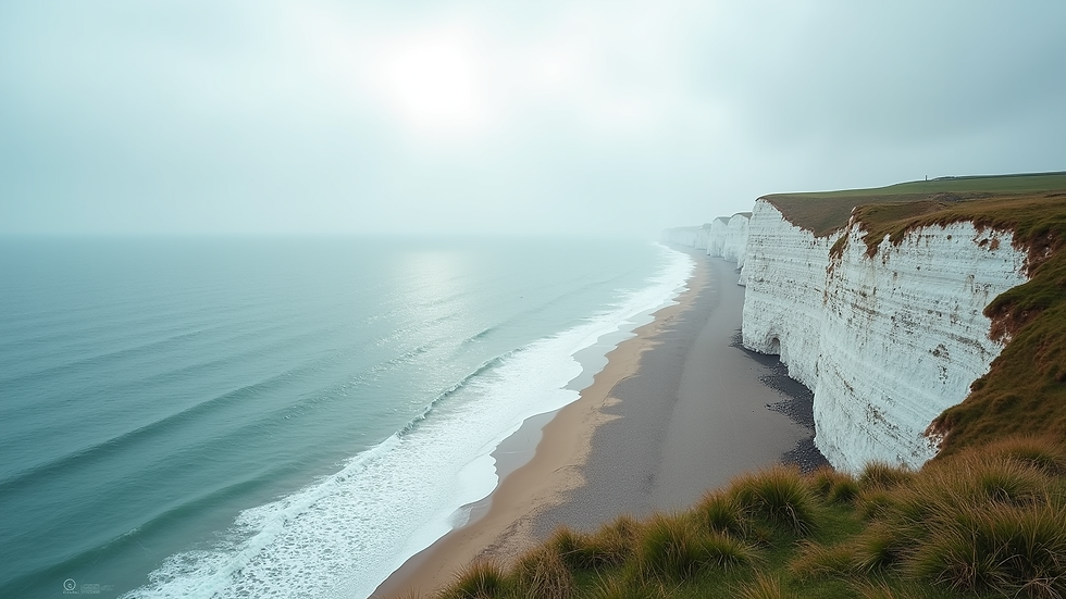Wide angle view of the white cliffs overlooking the sea