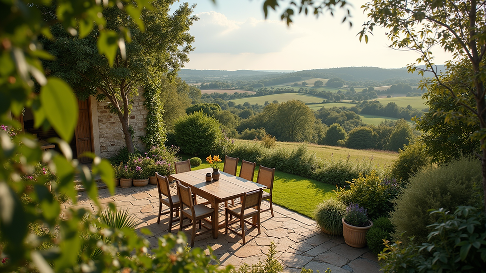High angle view of a garden with outdoor dining setup and countryside views