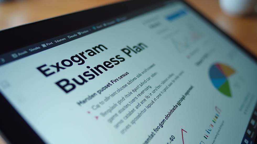 Close-up view of a laptop screen showing a business plan document