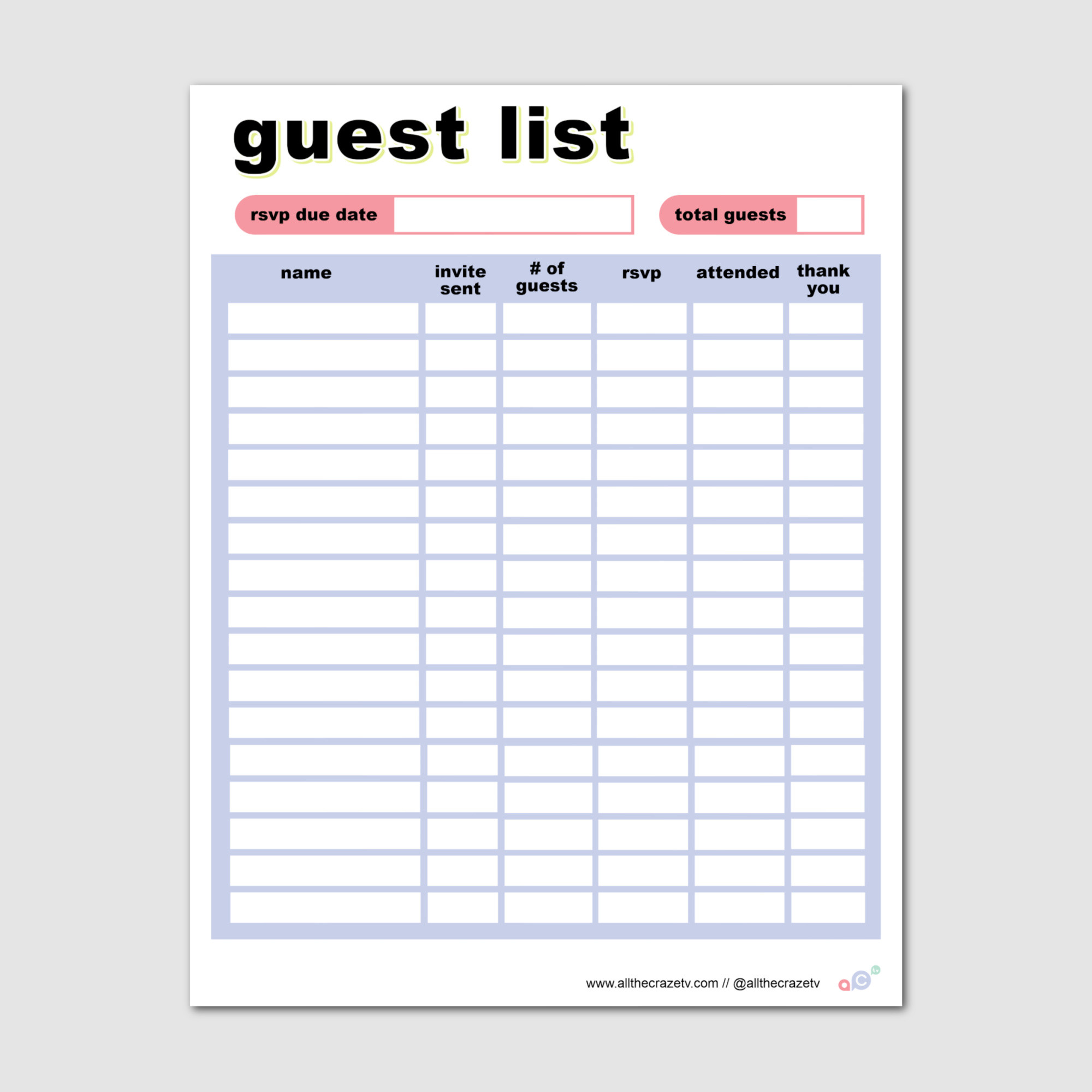 Party/Event Guestlist Template - Fillable PDF