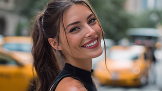 A woman with a bright, confident smile showing perfectly aligned veneers, standing on a New York City street with yellow taxis in the background.