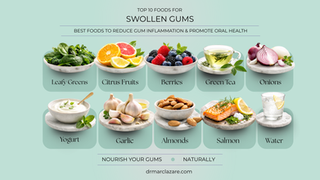 Top 10 foods to reduce gum inflammation including leafy greens, citrus fruits, berries, green tea, yogurt, garlic, almonds, salmon, and water, displayed on marble plates in a modern infographic by a NYC cosmetic dentist.