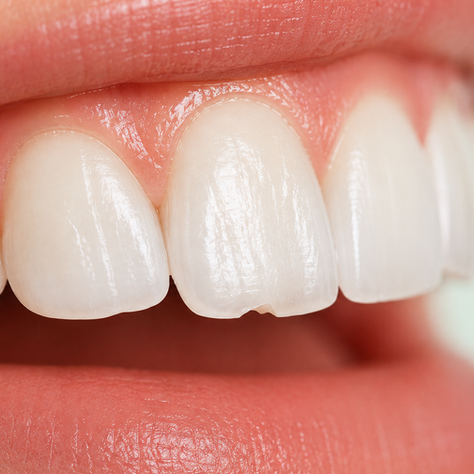 Close-up macro view of natural upper front teeth with realistic enamel texture and a subtle micro-chip on one front tooth, photographed in warm soft lighting against a clean white background with a faint mint-green gradient.