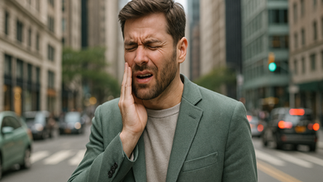 Illustration of a sad cartoon tooth surrounded by pain indicators like lightning bolts, designed with soft sage green accents, representing sensitive teeth and the need for immediate pain relief.