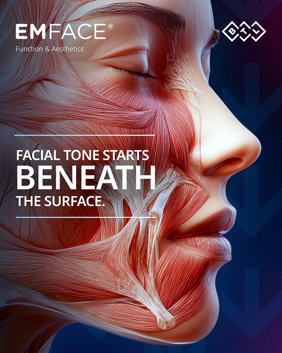 A detailed anatomical illustration of the facial musculature seen in profile, overlaid with the text "Facial Tone Starts Beneath the Surface" — promotional imagery for EMFACE® by BTL, a non-invasive facial muscle and skin toning technology available at Lazare Biomimetic Dentistry & Smile Design in New York City.