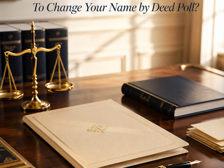 Elegant legal office desk with brass scales, cream document folder and Trusted Deed Poll nameplate, asking whether you need a solicitor to change your name by deed poll.