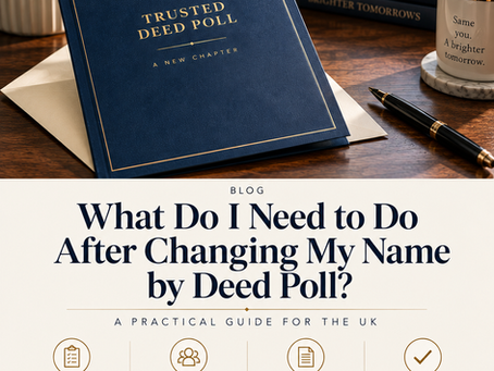Trusted Deed Poll UK guide explaining what to do after changing your name by Deed Poll, featuring a navy and gold presentation folder on a walnut desk with practical steps to make a list, check requirements and update your records.