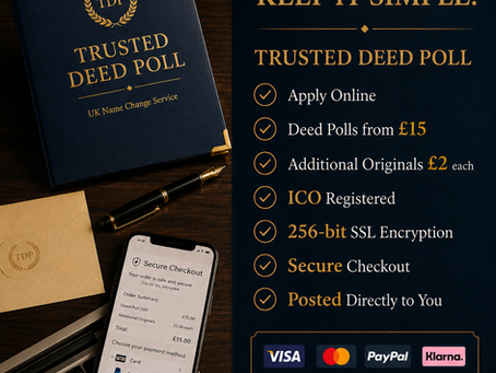 Trusted Deed Poll UK name change service featuring a navy and gold presentation folder, secure online checkout, clear Deed Poll pricing, ICO registration and 256-bit SSL encryption.