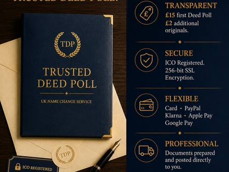 Trusted Deed Poll UK name change service showing clear pricing from £15, £2 additional original copies, ICO registration, 256-bit SSL encryption, flexible payment options and professionally prepared documents.