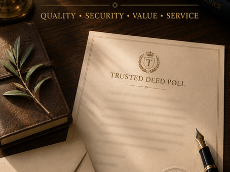 Trusted Deed Poll premium deed poll service highlighting quality, security, value and customer service, with a professionally presented deed poll document on an elegant desk.