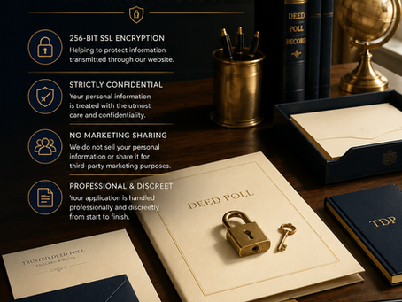 Trusted Deed Poll privacy and security graphic highlighting 256-bit SSL encryption, confidential handling of personal information, no third-party marketing sharing, and a professional discreet deed poll service.