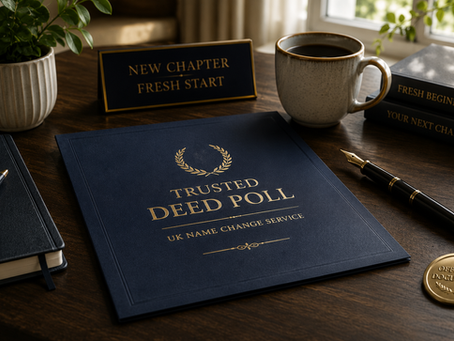 Trusted Deed Poll UK name change service folder on a professional desk with fountain pen and ‘New Chapter, Fresh Start’ sign.