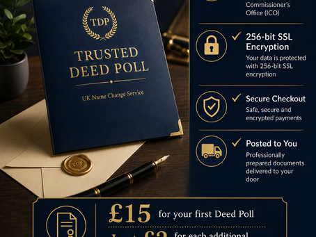 Trusted Deed Poll UK name change service showing Deed Polls from £15, additional original copies for £2, secure online checkout, ICO registration, 256-bit SSL encryption and flexible payment options.
