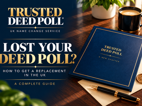 Trusted Deed Poll UK guide explaining how to get a replacement Deed Poll if your original has been lost or misplaced. The image features a navy and gold Trusted Deed Poll presentation folder, cream envelope and fountain pen on a dark walnut desk, with the headline “Lost Your Deed Poll? How to Get a Replacement in the UK.