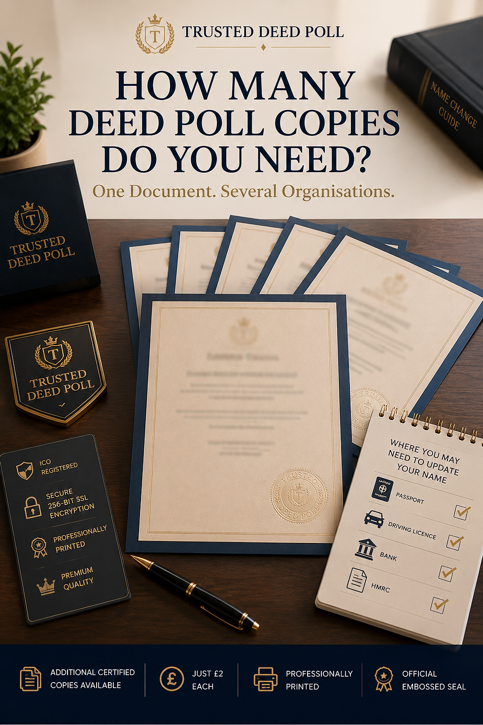 Trusted Deed Poll guide showing several blurred deed poll copies beside a name change checklist for passport, driving licence, bank and HMRC, explaining how many deed poll copies you may need.