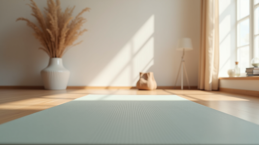 Eye-level view of a yoga mat and props in a calm studio