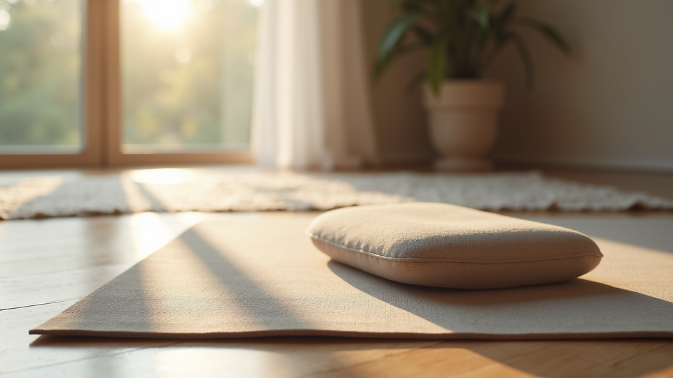 Close-up view of a yoga mat and meditation cushion in a peaceful room