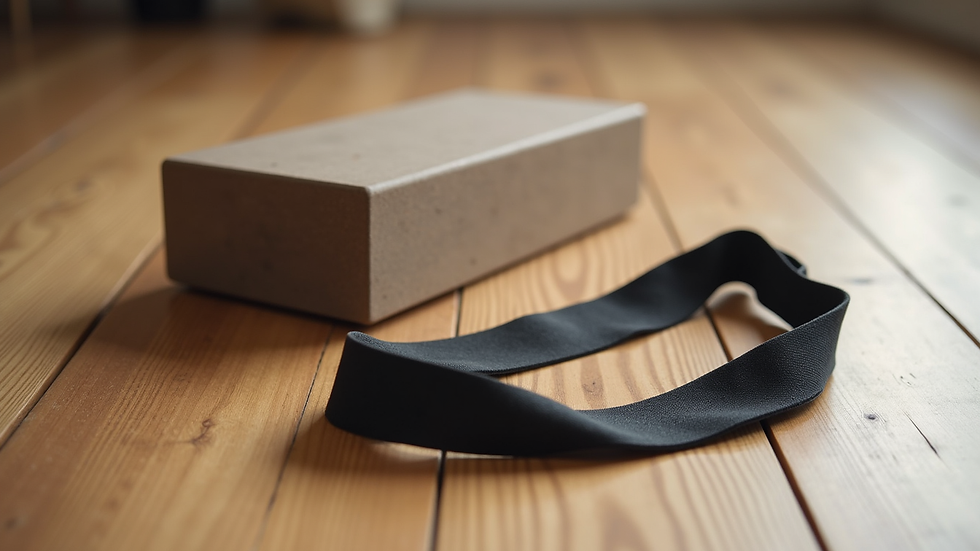 Close-up view of a yoga block and strap on a wooden floor
