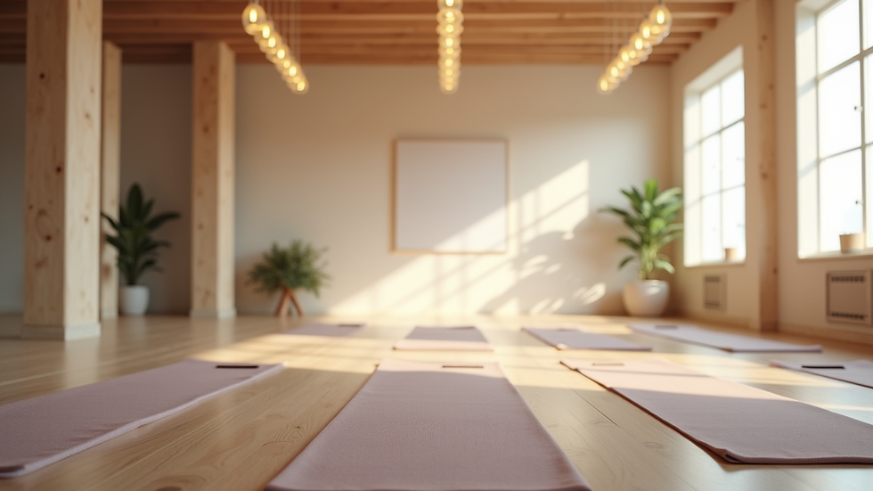 Eye-level view of a serene yoga studio with mats and calming decor