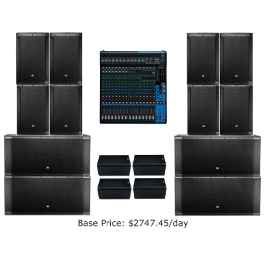eight JBL SRX 815p 2000W speakers, four JBL SRX 828sp subwoofers, four QSC K10.2 stage monitors, and a Yamaha MG20XU mixer