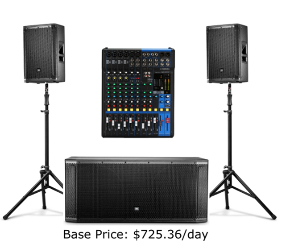 Image of two JBL SRX 815p 2000W speakers, one JBL SRX 828sp subwoofer, and 8-channel Soundcraft mixer, ideal for 500 guests