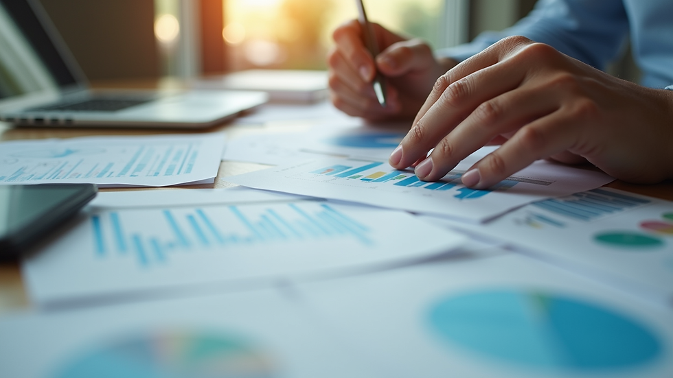 Close-up view of hands reviewing financial reports and charts