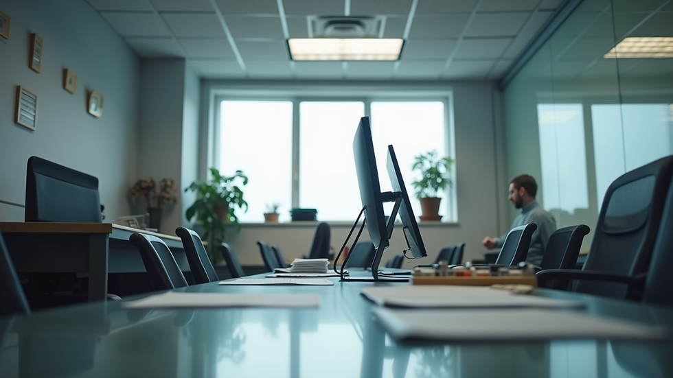 Vista aérea de una oficina con documentos y computadora para gestión contable