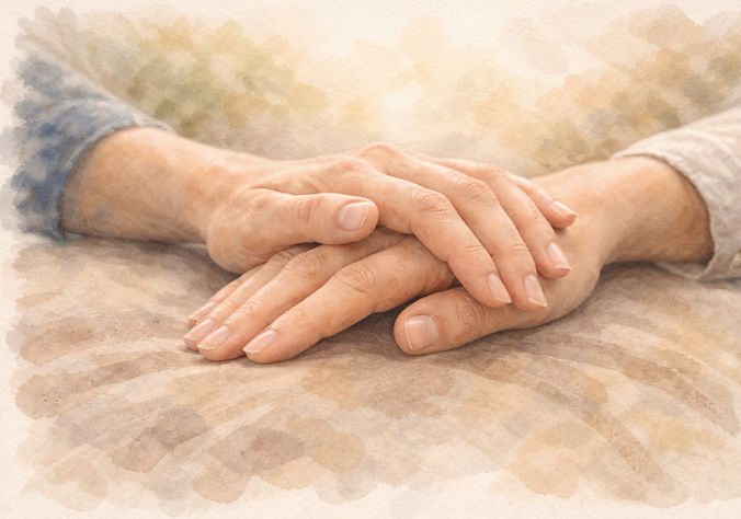 Watercolor illustration of therapeutic touch session promoting emotional regulation and nervous system healing