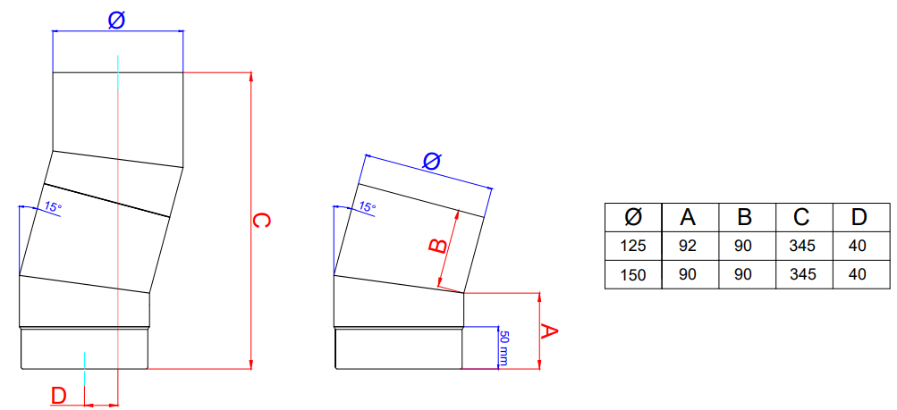 125mm Black Matt Bend 15/165deg