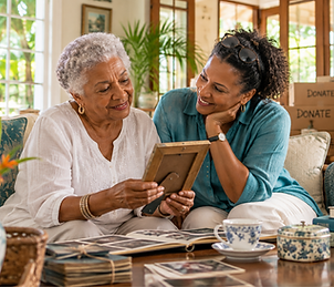 Older woman and professional organizer looking through treasured photographs together.