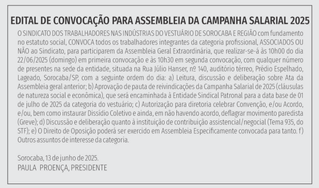 Confira edital de convocação da Assembleia Geral da Campanha Salarial 2025