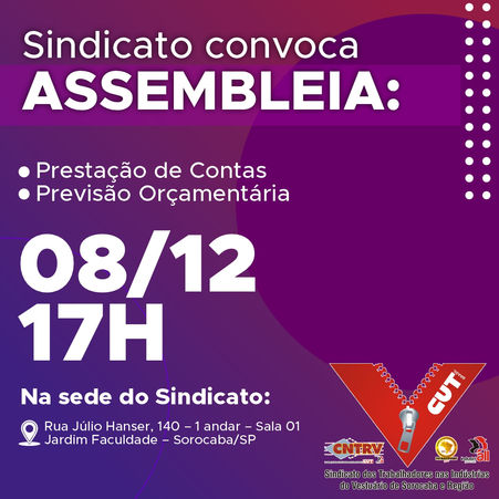 Sindicato convoca assembleia para prestação de contas e previsão orçamentária