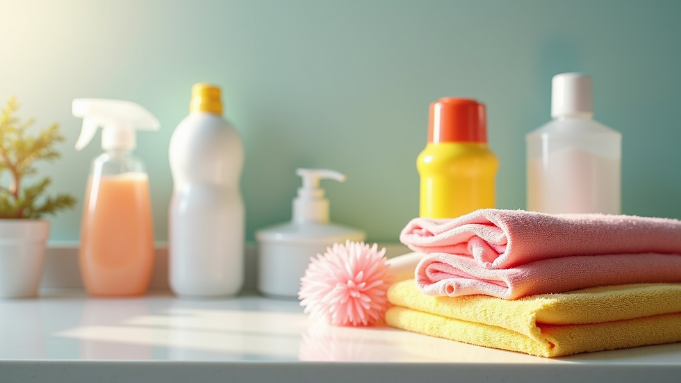 Close-up view of cleaning supplies arranged neatly on a countertop