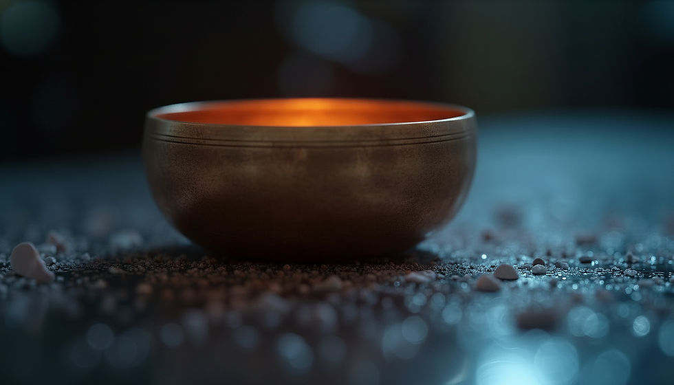 A singing bowl resting on a textured surface.