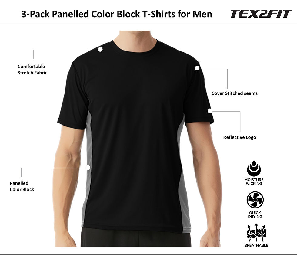 Thumbnail: Men's 3 Pack Quick Dry T Shirts for Men, Panelled Color Block Active T-Shirts