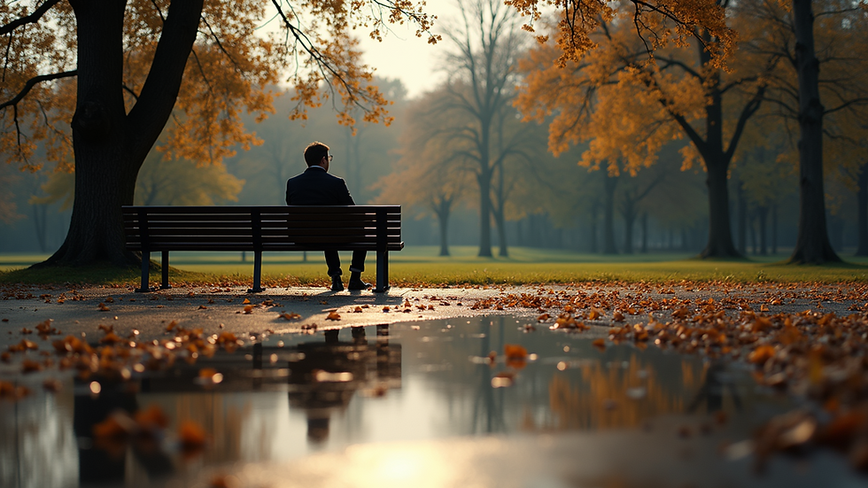 Eye-level view of a person sitting alone on a park bench reflecting