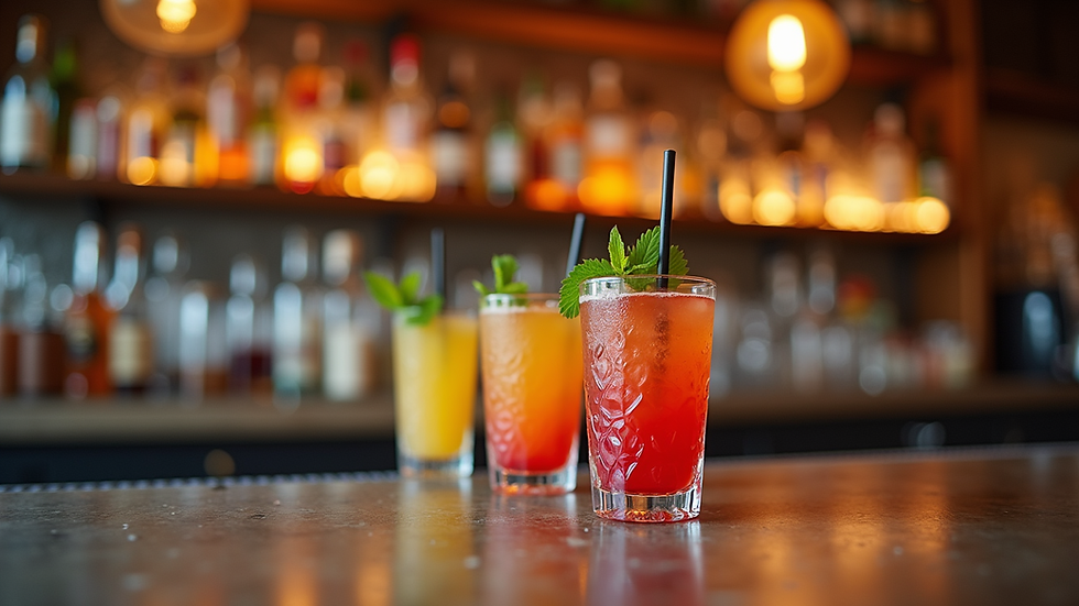 Eye-level view of a bar counter with colorful cocktails