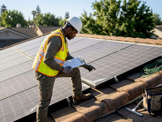 Un technicien vérifie l’état des panneaux solaires installés sur le toit.