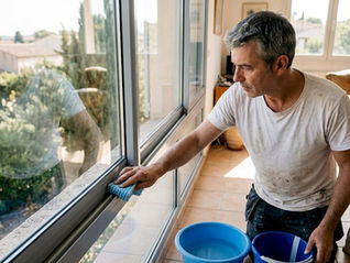 Un homme s’applique à nettoyer les vitres en aluminium d’une villa située dans le Var.