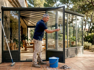 Sous un soleil radieux, un homme s’affaire à nettoyer les vitres de sa véranda.