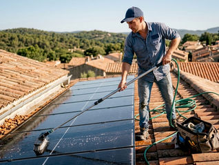 Un technicien procède à l’entretien des panneaux solaires installés sur une toiture en tuiles.